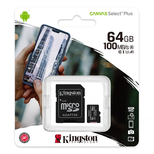 Kingston Canvas Select Plus microSD 64GB 100MB/s adapterrel