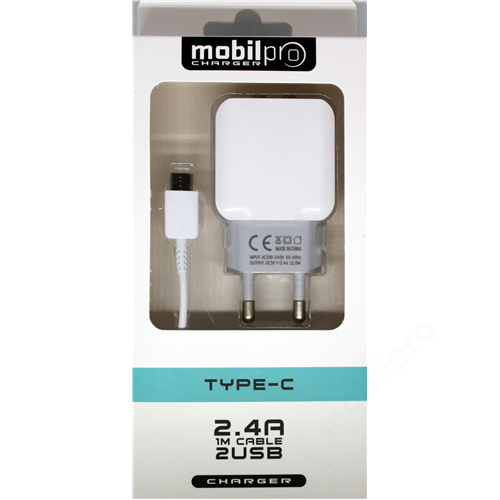Töltőszett 2in1 2USB 2.4A + USB-C adatkábel fehér