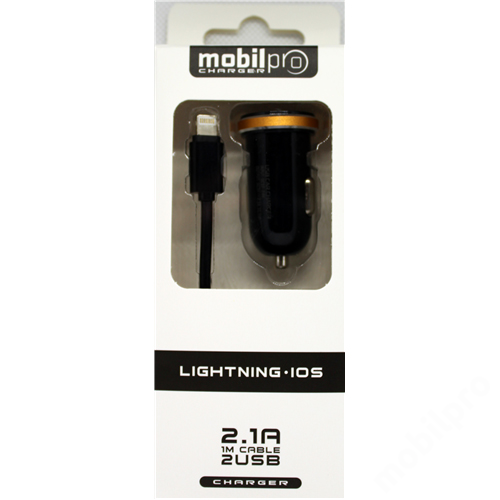 Autós töltő szett  2 USB port 2.1A Lightning kábellel fekete